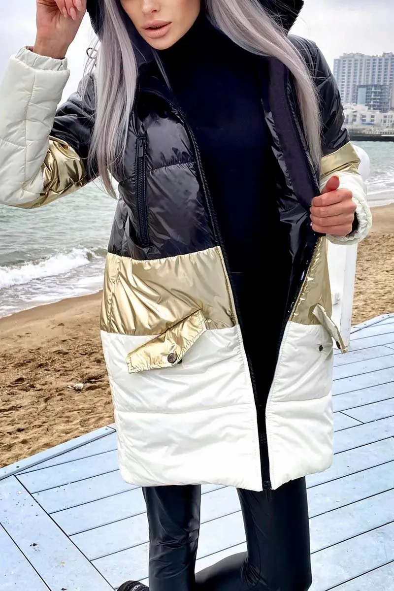 Women's Fashion Contrast Color Hooded Cotton Coat